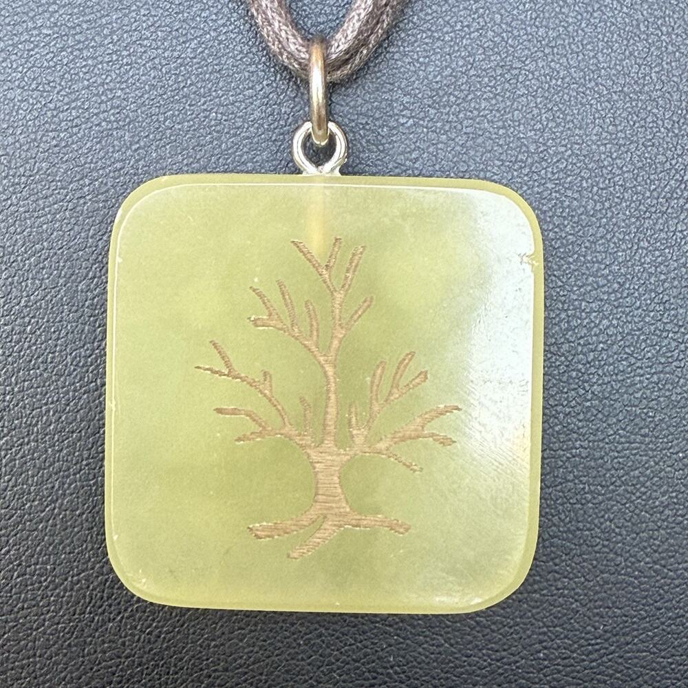 Unique Carved Tree In Green Stone Square Pendant Necklace Brown Adjustable Cord